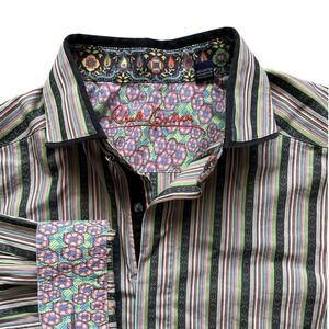 Robert Graham Mens XL Stripe Button Up Shirt Multicolor Floral Contrast Trim